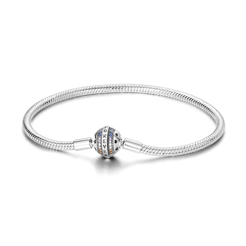 Bracelet ado fille 15 ans en argent maille serpent au cylindre gravé de "Forever" et de cœur avec cristaux colorés