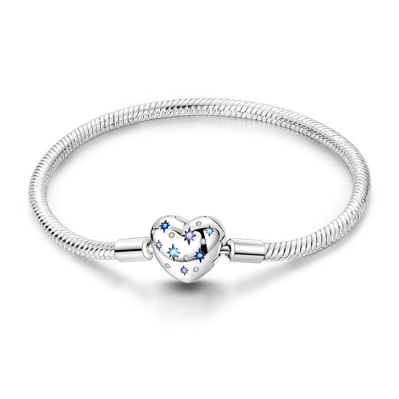 Bracelet ado fille argent chaîne serpent lisse avec fermoir cœur serti d'étoiles bleues et violettes