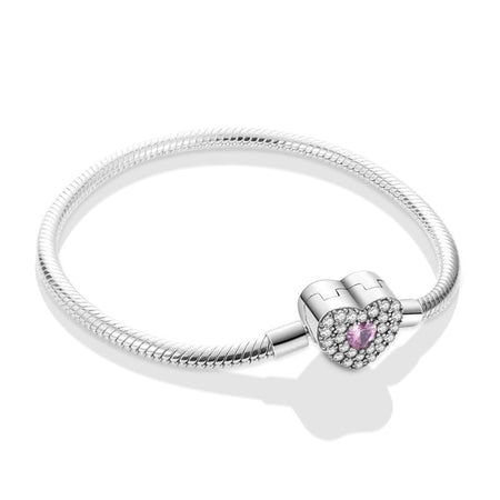 Bracelet adolescente fille en argent sur chaîne serpent lisse avec cœur pavé de cristaux et pierre rose facettée