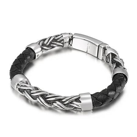 Bracelet homme cuir noir tressé avec chaîne argentée, alliance entre matières contrastées