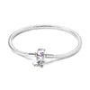 Bracelet argent enfant fille maille serpent avec perle cylindrique aux motifs papillons violets et deux pendentifs papillons