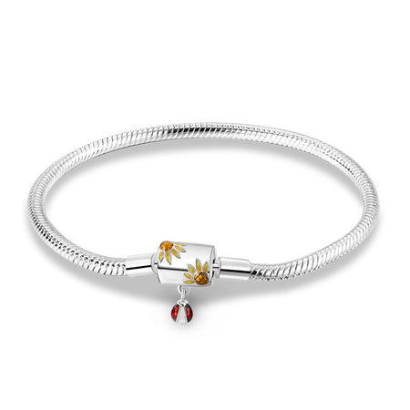 Bracelet argent fille 16 ans chaîne serpent avec fleurs émaillées jaune vert et pendentif coccinelle rouge
