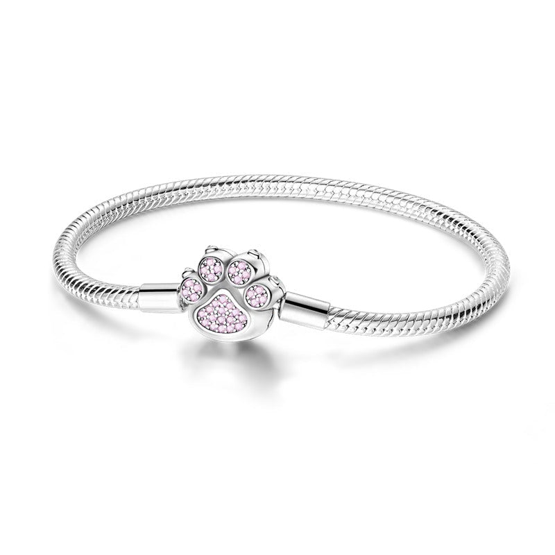 Bracelet argent fille 8 ans avec patte de chat ornée de cristaux roses pastel