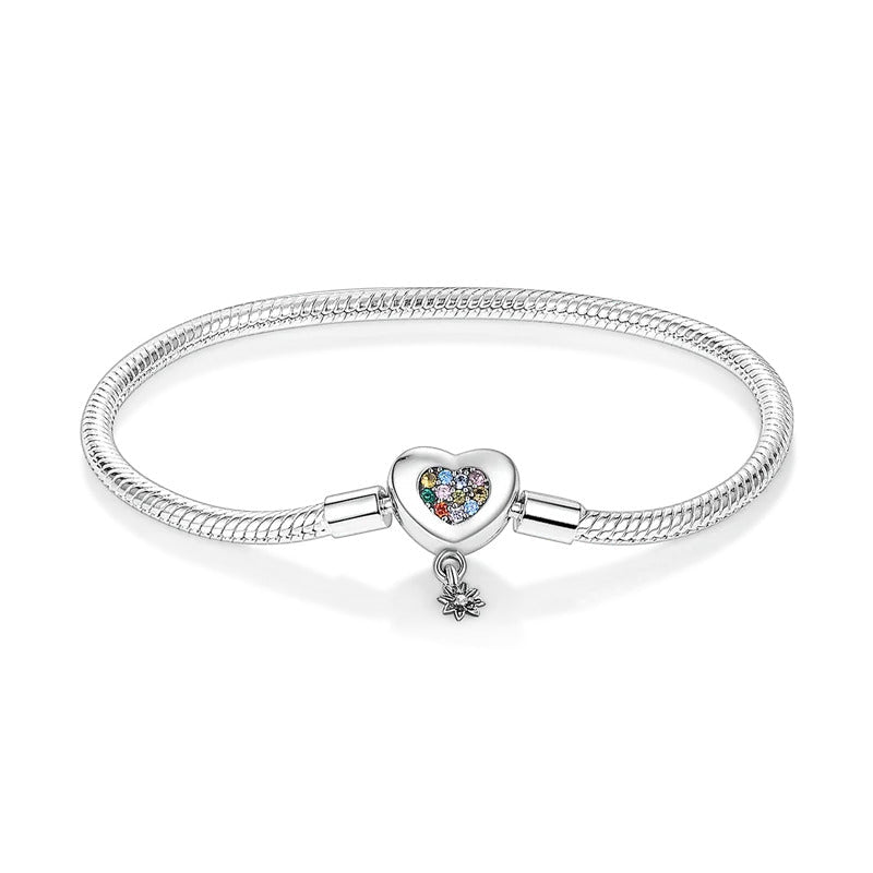 Bracelet argent fille ado chaîne serpent avec cœur serti de pierres multicolores et fleur suspendue