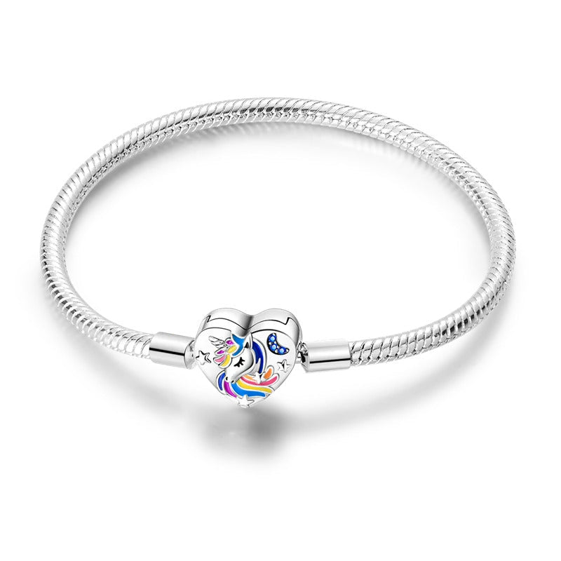 Bracelet argent petite fille cœur licorne multicolore maille serpent polie avec étoiles et lune