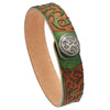 Bracelet artisanal homme en cuir vert aux arabesques florales embossées et bouton-pression argenté ajouré