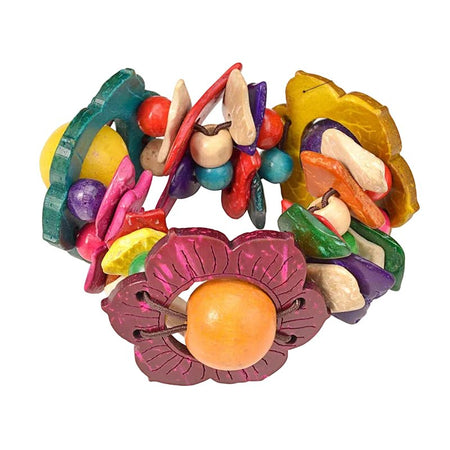 Bracelet femme bohème en bois orné de fleurs fuchsia, jaunes, vertes, gravées et montées sur cordon élastique
