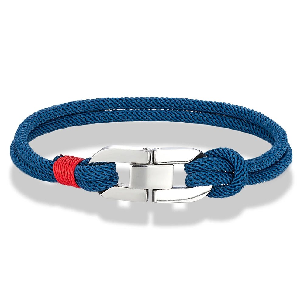 Bracelet homme cordage nautique bleu, double tresse à maillon oyster poli et surliure rouge