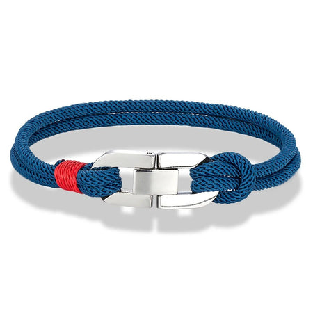 Bracelet homme cordage nautique bleu, double tresse à maillon oyster poli et surliure rouge