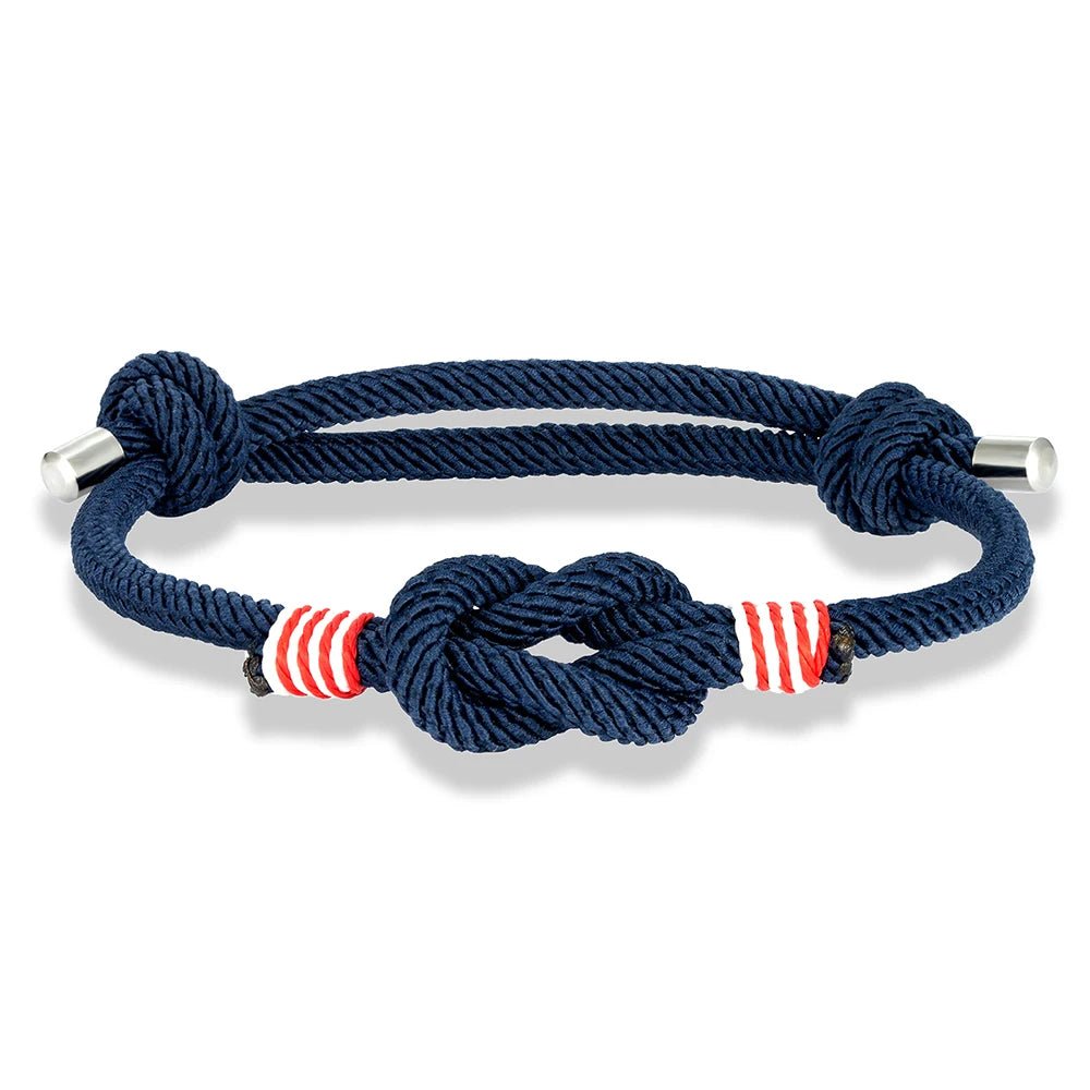 Bracelet homme cordage nautique bleu marine à surliure bicolore rouge et blanche, nœud marin et embouts en acier