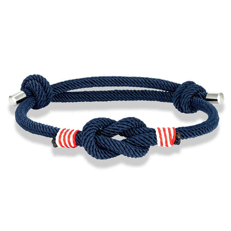 Bracelet homme cordage nautique bleu marine à surliure bicolore rouge et blanche, nœud marin et embouts en acier
