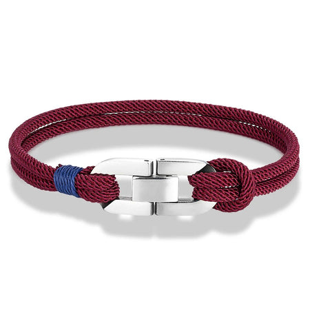 Bracelet homme cordage nautique bordeaux à tressage spiralé dense, fermoir acier poli et surliure bleue