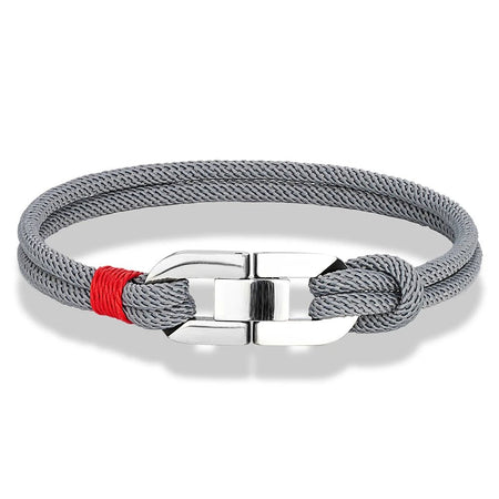 Bracelet homme cordage nautique gris à double tresse avec fermoir maillons oyster en acier poli et surliure rouge