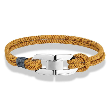 Bracelet homme cordage nautique jaune ocre à double toron et fermoir maillons acier Oyster poli