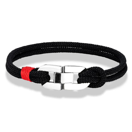 Bracelet nautique homme cordage noir double brin doté d'un maillon oyster acier en poli miroir et d'une ligature rouge