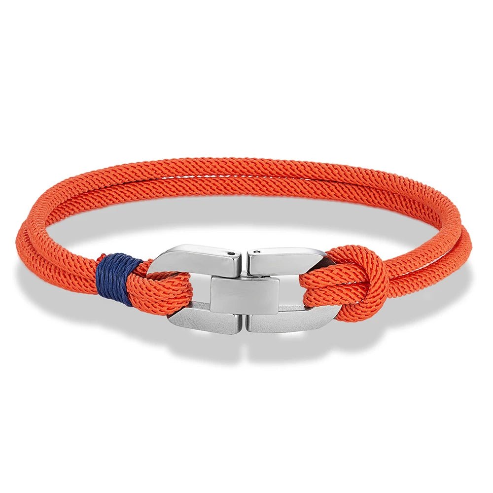 Bracelet homme cordage nautique orange à fermoir acier miroir et ligature bleue