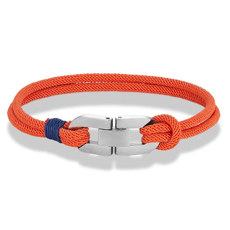 Bracelet homme cordage nautique orange à fermoir acier miroir et ligature bleue
