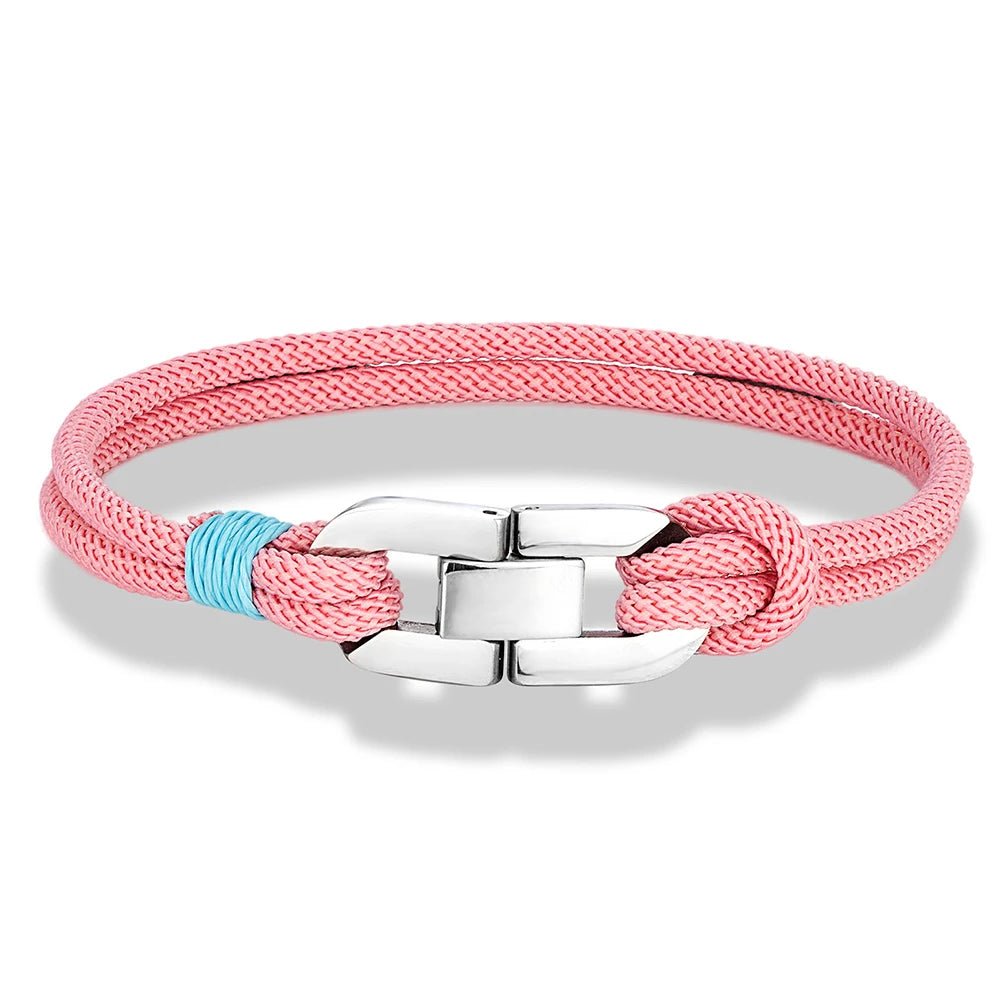Bracelet homme cordage nautique rose à double brin tressé avec maillon oyster central en acier poli et surliure turquoise