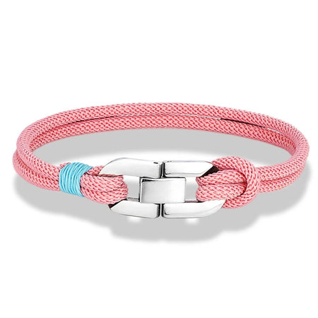 Bracelet homme cordage nautique rose à double brin tressé avec maillon oyster central en acier poli et surliure turquoise