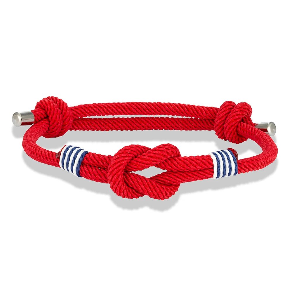 Bracelet homme nautique au cordage rouge avec nœud marin, embout en acier et surliures bleu-blanc