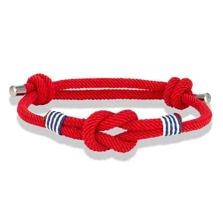 Bracelet homme nautique au cordage rouge avec nœud marin, embout en acier et surliures bleu-blanc