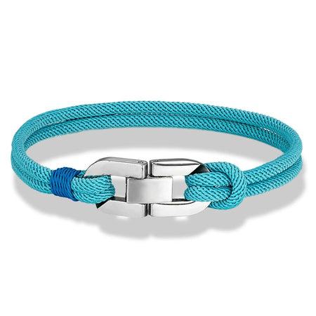 Bracelet homme cordage nautique turquoise à double torsion avec maillons Oyster en acier poli miroir et surliure bleue