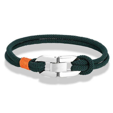 Bracelet homme cordage nautique vert canard double brin torsadé avec fermoir maillons Oyster en acier poli et surliure orange