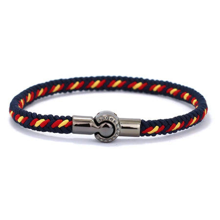 Bracelet cordon homme tressé bleu marine avec fils rouge et jaune et fermoir magnétique cylindrique