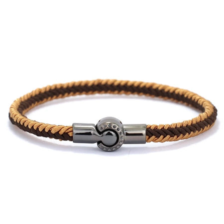 Bracelet homme cordon fait main marron et beige à fermoir magnétique cylindrique poli