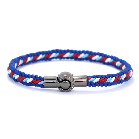 Bracelet homme au cordon tressé tricolore bleu rouge blanc doté d'un fermoir cylindrique poli miroir