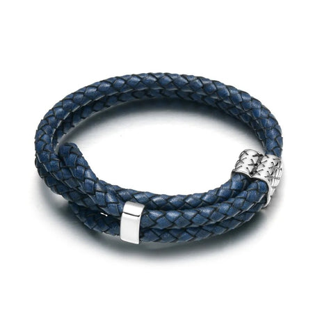 Bracelet multirang cuir bleu tressé fermoir acier gravé motifs croisillons homme