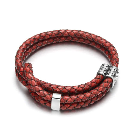 Bracelet multirang cuir rouge tressé et acier inoxydable avec fermoir magnétique gravé