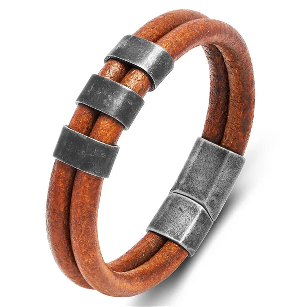Bracelet homme double jonc en cuir de vache rigide marron à fermoir rectangulaire magnétique et 3 anneaux en acier brossé