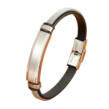 Bracelet cuir luxe homme noir à plaque acier brossée et maille tressée argentée fait à la main