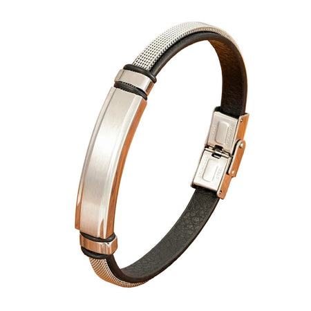 Bracelet cuir luxe homme noir à plaque acier brossée et maille tressée argentée fait à la main