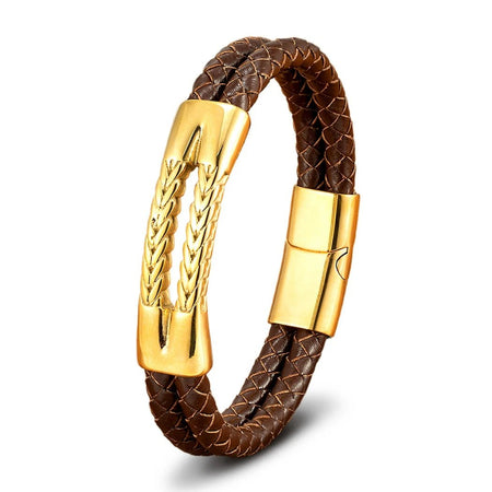 Bracelet cuir tressé marron pour homme à double lanière doté d'un module central ajouré doré