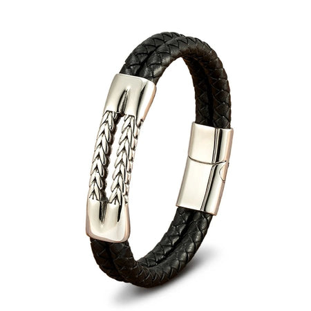 Bracelet cuir tressé noir pour homme décoré d'un ornement central en acier argenté en forme d'épis