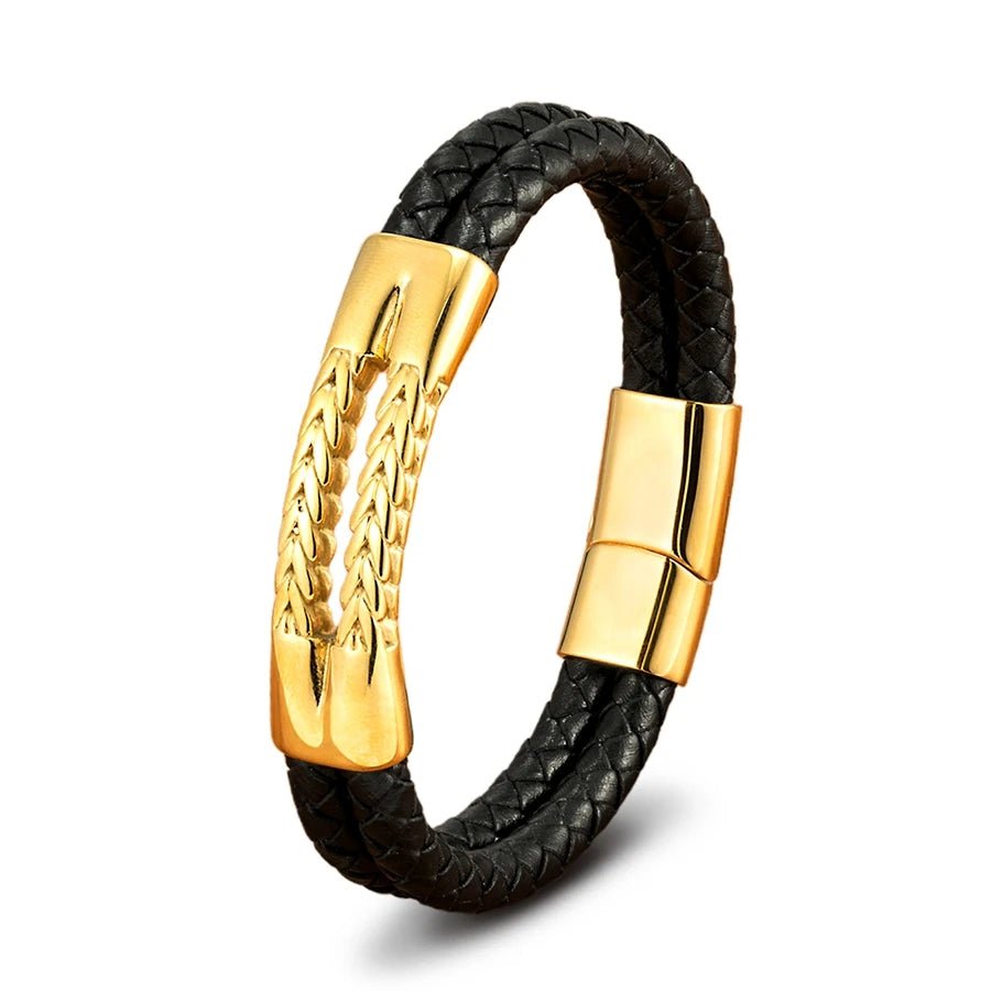 Bracelet cuir tressé noir pour homme 2 rangs dotés d'un ornement central en acier doré poli