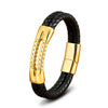 Bracelet cuir tressé noir pour homme 2 rangs dotés d'un ornement central en acier doré poli
