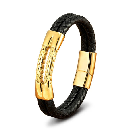 Bracelet cuir tressé noir pour homme 2 rangs dotés d'un ornement central en acier doré poli