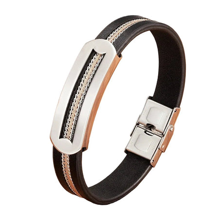 Bracelet de luxe pour homme en cuir noir avec plaque en acier argentée incrustée de chaînes bicolores