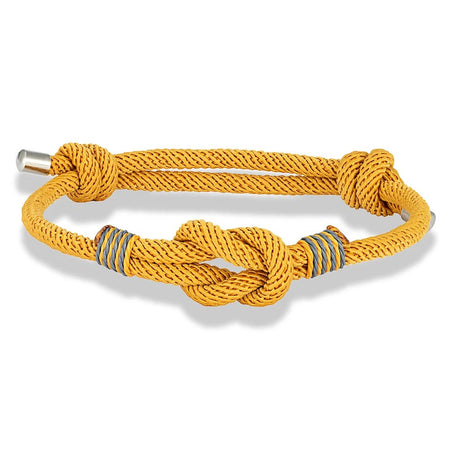 Bracelet nautique homme au cordage jaune avec nœud marin doublement croisé et surliures grises