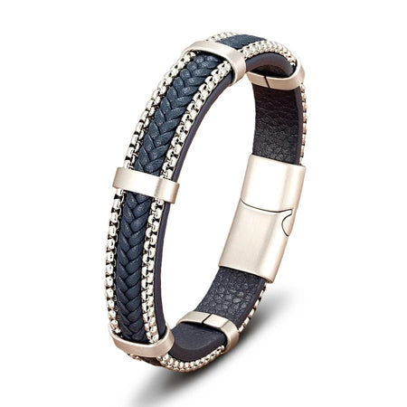 Bracelet cuir tressé bleu pour homme multibrins doté de chaînes latérales argenté en acier brossé