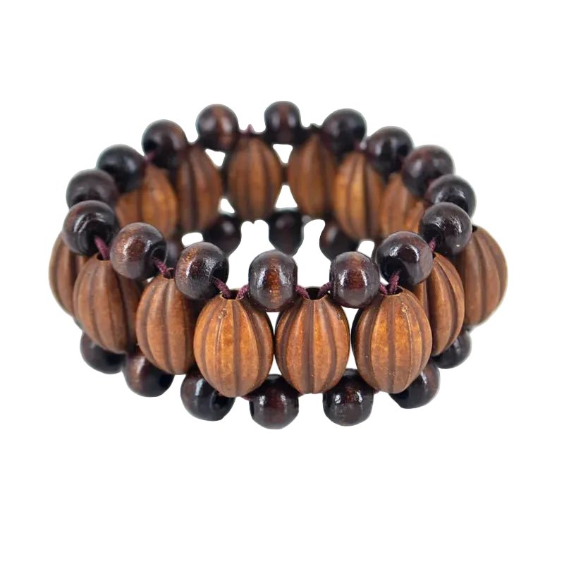 Bracelet ethnique femme en perles de bois cannelées striées et résine laquée, trois rangs sur fil élastique