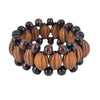 Bracelet ethnique femme en perles de bois cannelées striées et résine laquée, trois rangs sur fil élastique