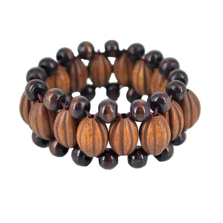 Bracelet ethnique femme en perles de bois cannelées striées et résine laquée, trois rangs sur fil élastique