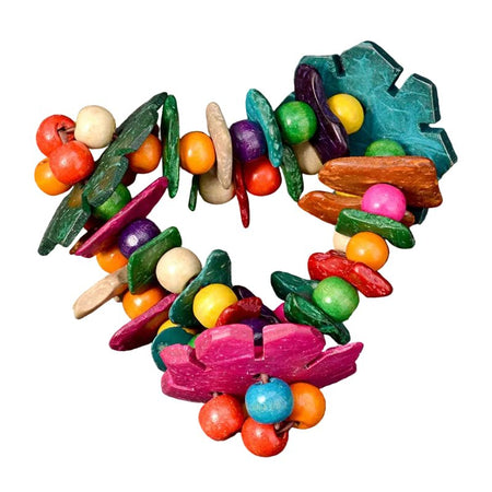 Bracelet femme bohème en bois satiné composé de fleurs découpées multicolores sur fil élastique
