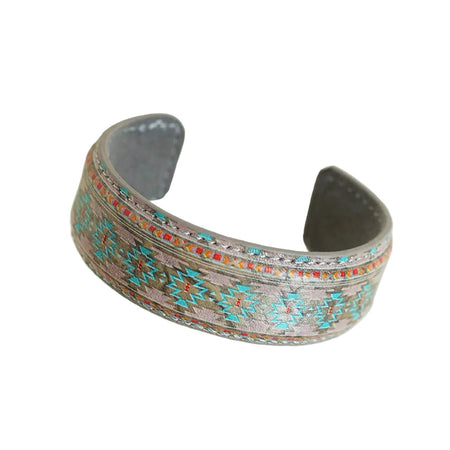 Bracelet femme bohème en cuir, motifs azur et corail sur fond taupe mat