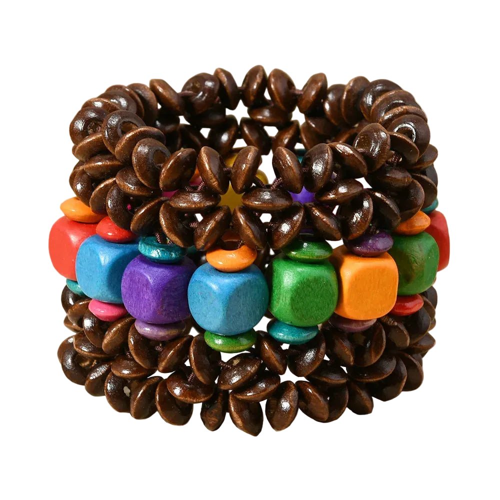 Bracelet femme bois multicolore bohème multirangs à cubes rouge, bleu, violet, vert et orange sur fil élastique