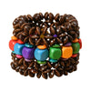 Bracelet femme bois multicolore bohème multirangs à cubes rouge, bleu, violet, vert et orange sur fil élastique